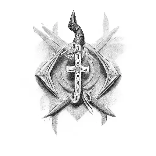 cross with fish hook tattoo design idea