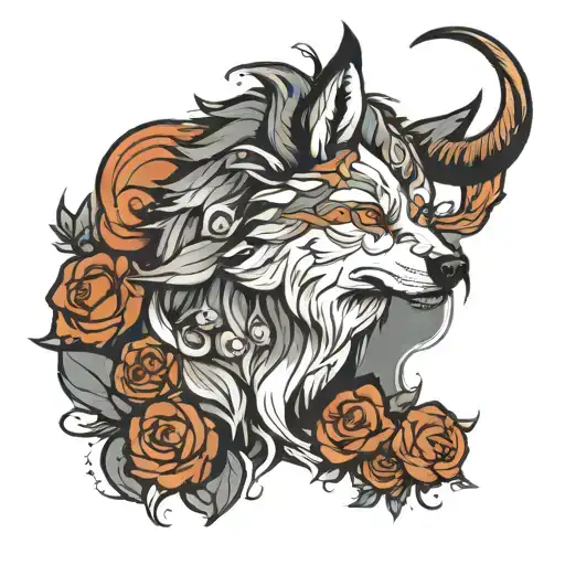 Wolf with horns that has white eye in right side tattoo design idea