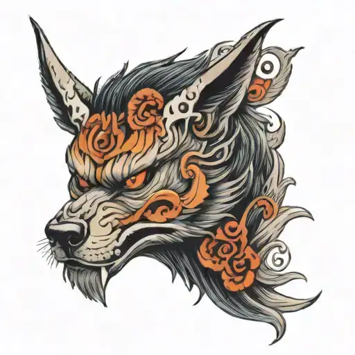 Wolf with horns that wearing a oni mask with white eye in right tattoo design idea