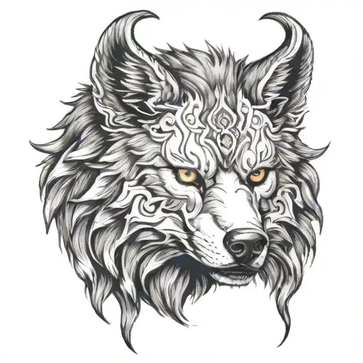 Wolf with horns that wearing an half oni mask with white eye in right tattoo design idea