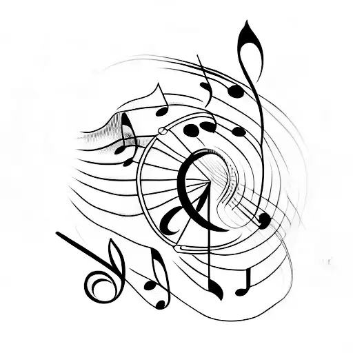 A minimalist tattoo of a quill pen and a music note intertwined, representing the client's love for both history and music. tattoo design idea