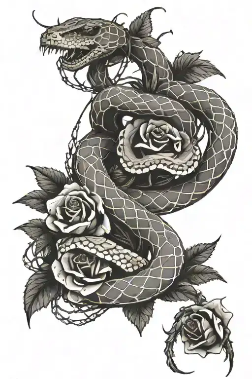 A surrealistic piece featuring a snake intertwined with barb wire and thorns, with roses blooming from the wire tattoo design idea