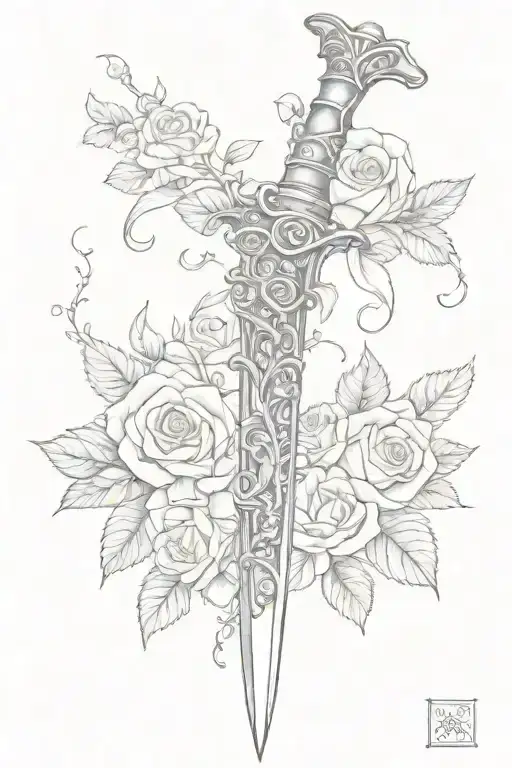 A detailed sketch of a dagger wrapped in a vine of roses, symbolizing the delicate balance between strength and beauty tattoo design idea