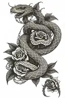 A surrealistic piece featuring a snake intertwined with barb wire and thorns, with roses blooming from the wire tattoo design idea
