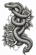 A surrealistic piece featuring a snake intertwined with barb wire and thorns, with roses blooming from the wire tattoo design idea