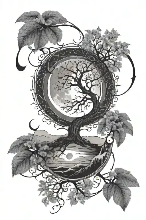 live life to the fullest, tree of life cycle, phase of the moon tattoo design idea