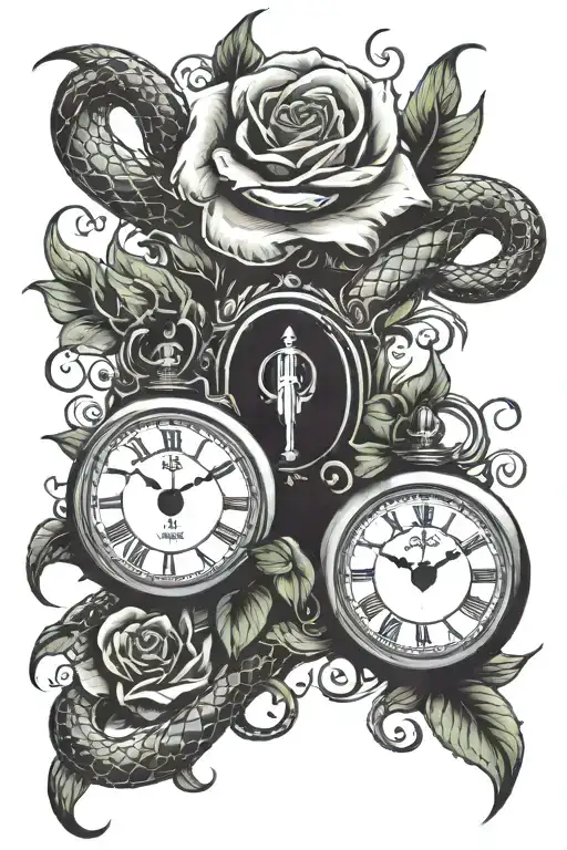 roses lilies two clocks snake intertwined tattoo design idea