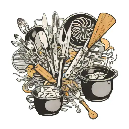 Culinary Tools: A collage of essential cooking tools like knives, spatulas, whisks, and ladles, intricately designed to  tattoo design idea