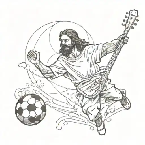 A sketch tattoo of Jesus playing soccer with a musical instrument in hand, reflecting the client's faith and love for music and sports tattoo design idea