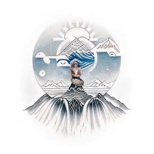 Mother Nature goddess with mountains and waterfalls and sun tattoo design idea