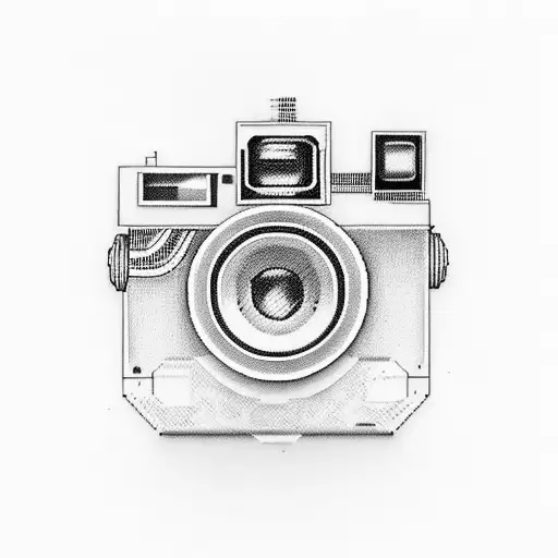 A pixelated polaroid camera with music equalizer bars forming the frame tattoo design idea