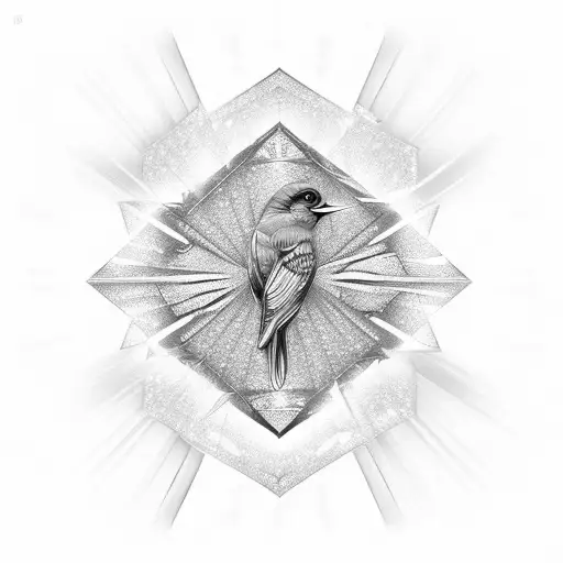 glowing diamond 3d crystal with a bird in the middle with rays shooting out tattoo design idea