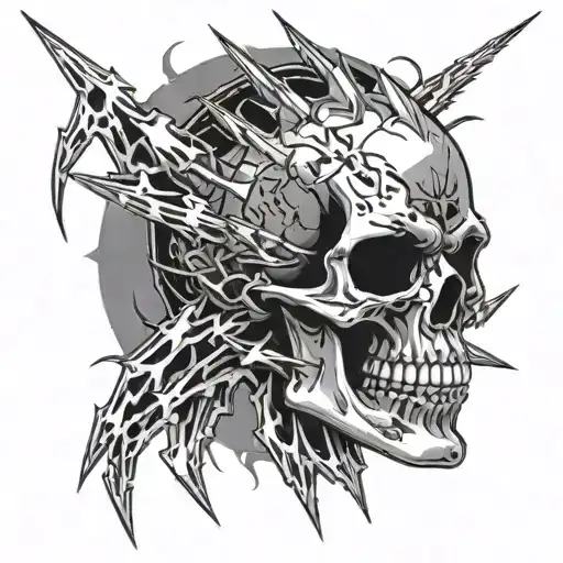 A detailed skull with lightning bolts and metal spikes, incorporating Metallica's logo tattoo design idea