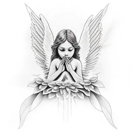 An angelic figure protecting a child in a dotwork style tattoo design idea