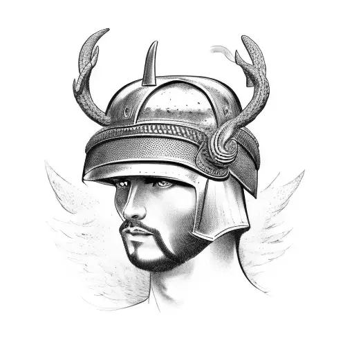 An ancient Roman soldier wearing a helmet with a deer and a Phoenix on the background tattoo design idea