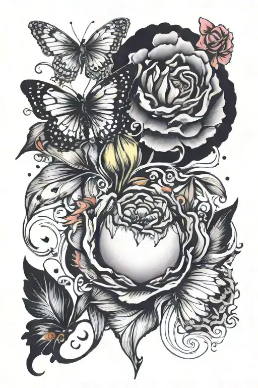 Semicolon but the dot is a love. Include tulip and butterfly, represent love, strength, courage, hope and glow up tattoo design idea