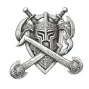 A tattoo design featuring a viking axe and a crusader sword crossed, symbolizing a blend of warrior spirit and honor, with special forces gear incorporated to represent dedication and bravery tattoo design idea