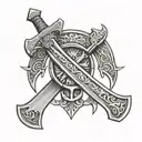 A tattoo design featuring a viking axe and a crusader sword crossed, symbolizing a blend of warrior spirit and honor, with special forces gear incorporated to represent dedication and bravery tattoo design idea