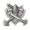 A tattoo design featuring a viking axe and a crusader sword crossed, symbolizing a blend of warrior spirit and honor, with special forces gear incorporated to represent dedication and bravery tattoo design idea