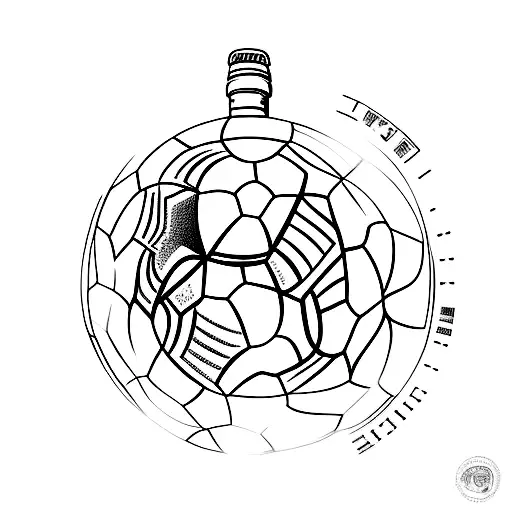 A minimalist tattoo of a soccer ball with a San Miguel Beer bottle as the center tattoo design idea