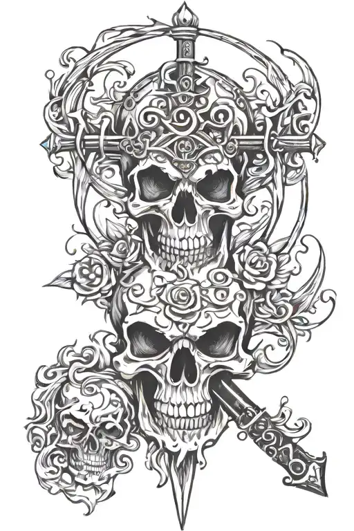 fire, skull, sword piercing blue eyes surrounded my music notes tattoo design idea