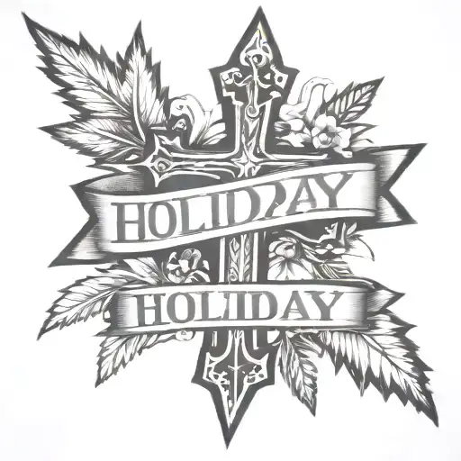 a shoulder tattoo that includes a cross in the background with the name holiday across the front tattoo design idea