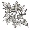 a shoulder tattoo that includes a cross in the background with the name holiday across the front tattoo design idea