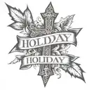 a shoulder tattoo that includes a cross in the background with the name holiday across the front tattoo design idea
