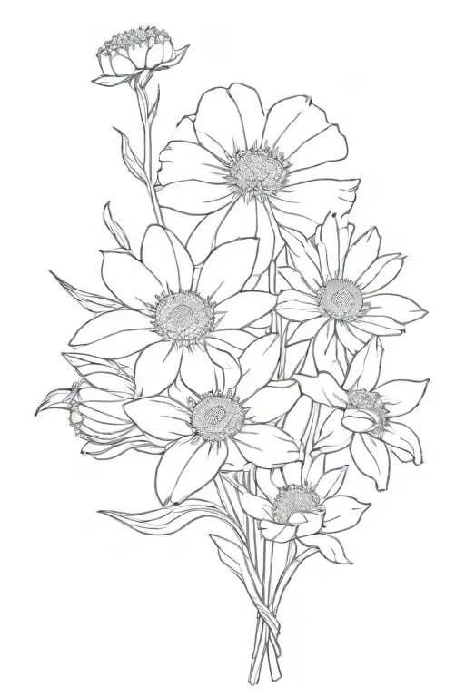 small bouquet of flowers with 2 asters, 3 daffodils, 1 poppy, and 1 cosmos, wrapped at bottom tattoo design idea