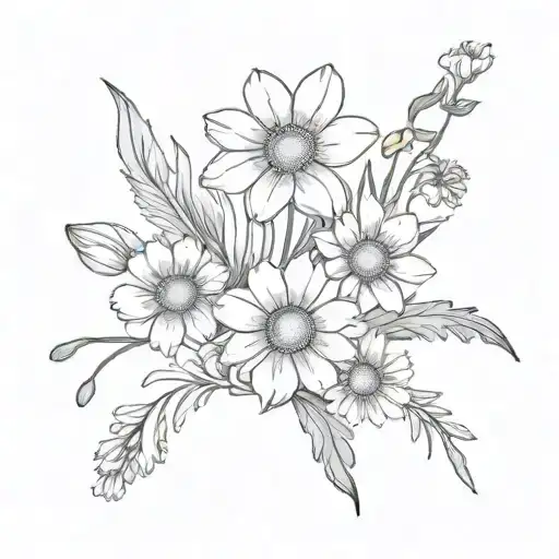 a fine line tattoo of a bouquet of flowers with 2 asters, 3 daffodils, 1 poppy, and 1 cosmos, tattoo design idea