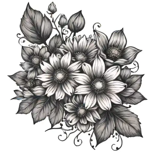 a fine line tattoo of a bouquet of flowers with 2 asters, 3 daffodils, 1 poppy, and 1 cosmos, tattoo design idea
