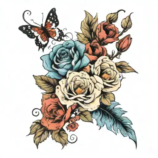 Overall Arrangement: The bouquet is arranged in a balanced, flowing composition that combines the different flowers seam tattoo design idea