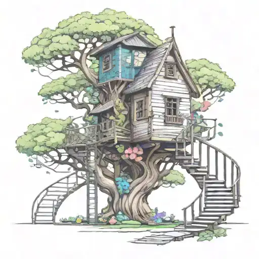 A whimsical treehouse with a spiral staircase and colorful flowers growing on the walls, symbolizing creativity and imagination tattoo design idea