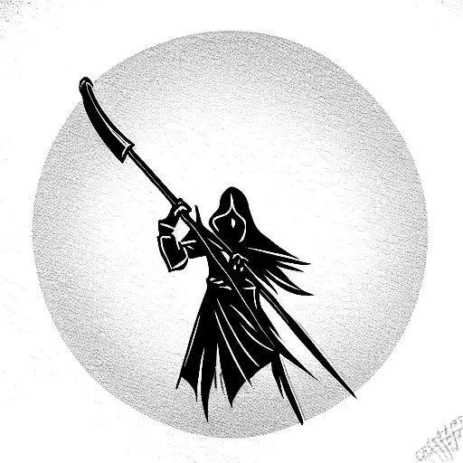 death in a hood with a big scythe behind his back tattoo design idea