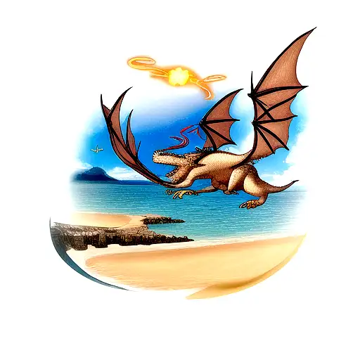 Dragon flying over ocean tattoo design idea