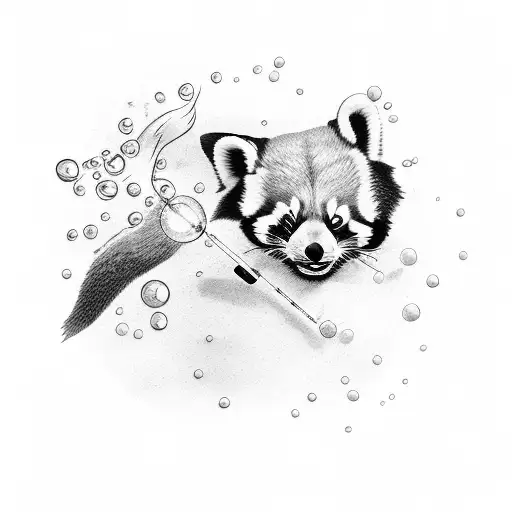 A playful red panda blowing bubbles underwater with a school of fish swimming around tattoo design idea