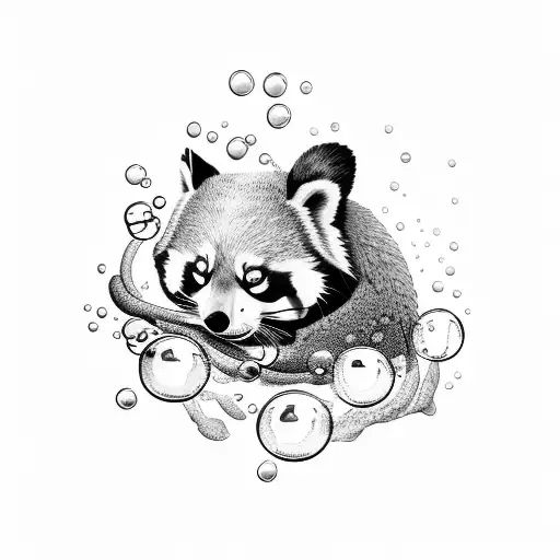 A playful red panda blowing bubbles underwater with a school of fish swimming around tattoo design idea