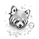 A playful red panda blowing bubbles underwater with a school of fish swimming around tattoo design idea
