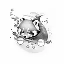 A playful red panda blowing bubbles underwater with a school of fish swimming around tattoo design idea