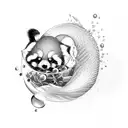 A playful red panda blowing bubbles underwater with a school of fish swimming around tattoo design idea