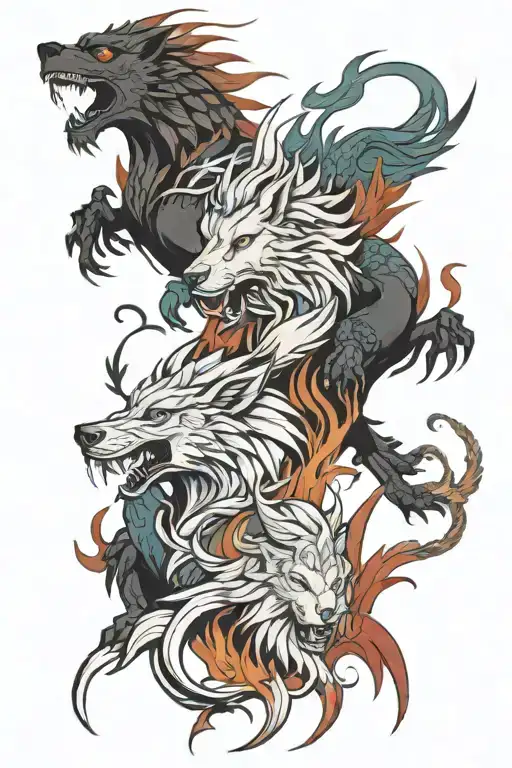 wolf lion dragon and pheonix  tattoo design idea