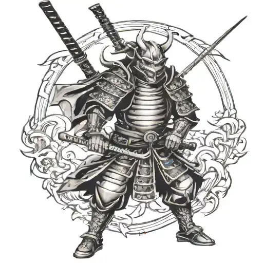 Samurai in armor with a katana wearing a demon mask on his sleeve tattoo design idea