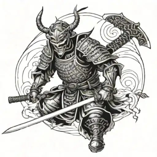 Samurai in armor with a katana wearing a waist-deep demon mask with a demon below tattoo design idea