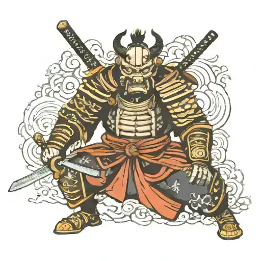 Samurai in armor with a katana wearing a waist-deep demon mask with a demon below tattoo design idea