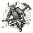 Samurai in armor with a katana wearing a waist-deep demon mask with a demon below tattoo design idea