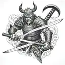 Samurai in armor with a katana wearing a waist-deep demon mask with a demon below tattoo design idea