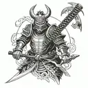 Samurai in armor with a katana wearing a waist-deep demon mask with a demon below tattoo design idea