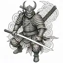 Samurai in armor with a katana wearing a waist-deep demon mask with a demon below tattoo design idea