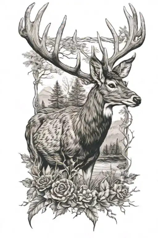 deer hunting scene with turkey  tattoo design idea