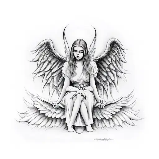 angel and devil sitting opposite each other, angel with devil traits and evil wi tattoo design idea